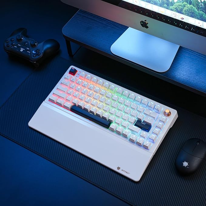 Wireless Mechanical Keyboard with Knob &amp Wrist Rest Hot Swap Gasket Custom Structure Creamy Pre-lubed Tactile Switches RGB Backlit Bluetooth/Type-C/2.4G Gaming Keyboard for Win/Mac (White)