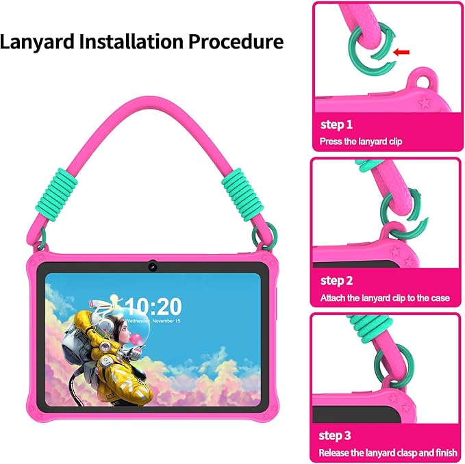 PRITOM Lanyard Kids Tablet 7 inch 32GB Toddler Tablet Android 13 with WiFi Dual Camera Education Games Kids Software Pre-Installed Parental Control Pink