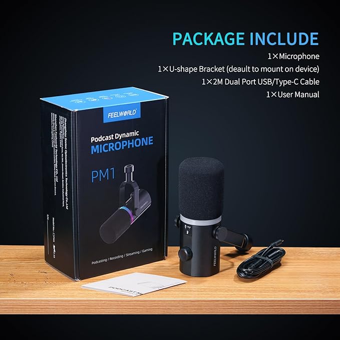 FEELWORLD PM1 XLR USB Dynamic Microphone Gifts for Podcast Recording PC Computer Gaming Live Streaming Vocal Voice-Over Studio Metal Mic with Voice-Isolating RGB Light Mute Button Headphones Jack