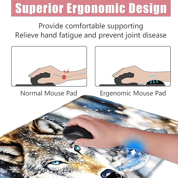 Large Keyboard Mouse Pad Set Extended Mouse Pad+Keyboard Wrist Rest Support Memory Foam Ergonomic Easy Typing 4Pcs (31.5×11.8 in) Desk Pad Set for Office HomeSnowy Wolf