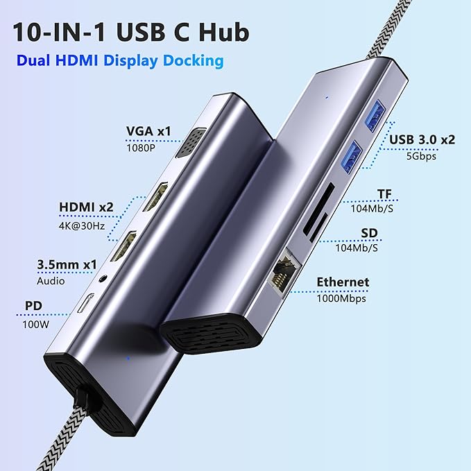 Docking Station Dual Monitor USB C to Dual HDMI Adapter 10 in 1 Laptop Docking Station 3 Monitors with HDMI/VGA/PD/Ethernet/USB/SD/TF/3.5mm Audio