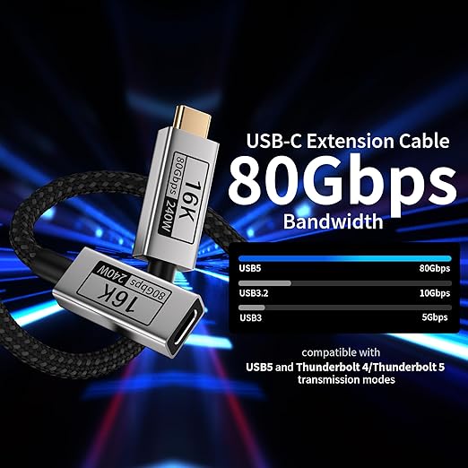 Long USBC Extension Cable 6.6FT Compatible with Thunderbolt 5USB5 Extension Cord 80Gbps Data &amp 240W Charging 16K/8K DisplayType C Male to Female Extender for Thunderbolt 4/3 /SSD/Hub