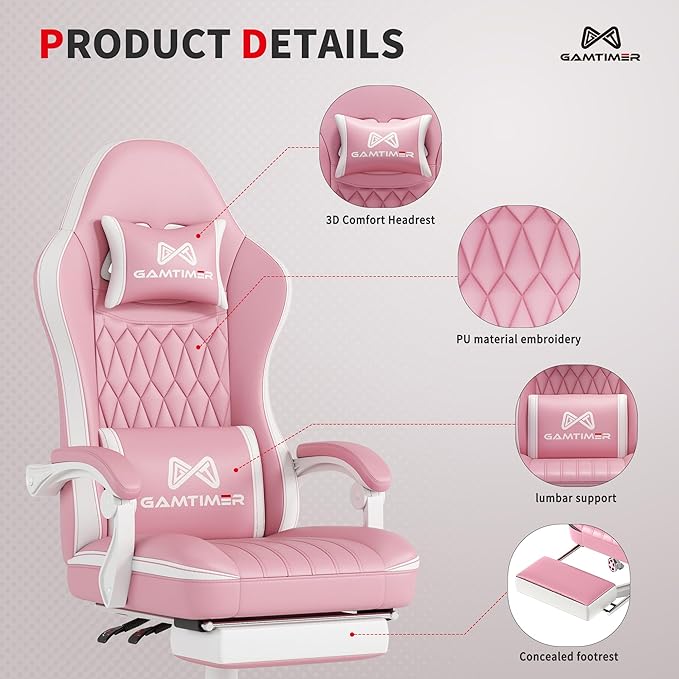 Gaming Chair with Footrest Ergonomic Computer Chair PU Breathable Material with Headrest and Lumbar Support Suitable for Silla Gamer and Adults(Pink)