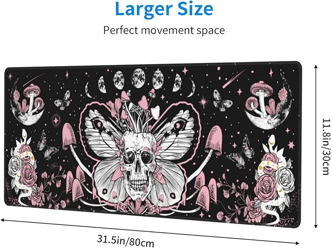 Hippie Mushroom Skull Mouse Pad Extended XL Gaming Mice Pad Office Desk Mat with Stitched Edges Non-Slip Oversized Desk Pad 31.5 X 11.8 Inch