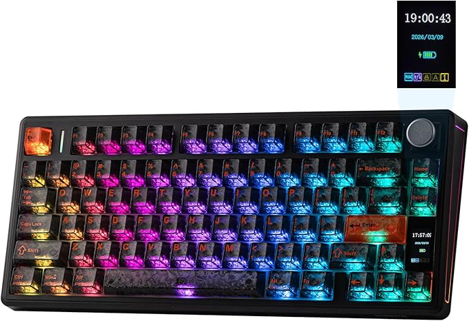EPOMAKER TH80 V2 PRO Wireless Gaming Keyboard with Screen&ampKnob 10000mAh 2.4Ghz/BT/USB-C RGB Hot Swap Custom Driver NKRO PBT Keycap Mechanical Keyboard for PC/Mac (Black Sea Salt Silent)