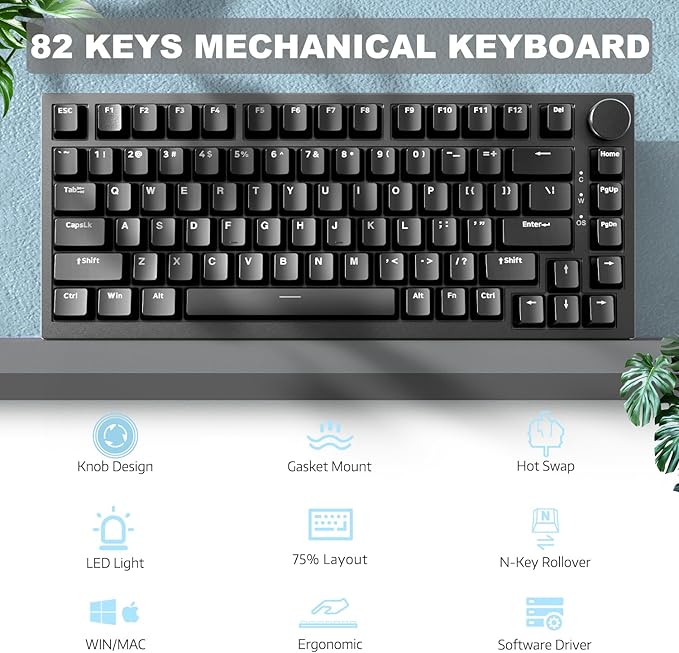ATTACK SHARK Ajazz AK820 Mechanical Keyboard with CNC Knob Control75% Gasket Mount Keyboard and Detachable USB Wired Gaming Keyboard for Win/MacWhite LightNKROBlue Clicky Switch(Black)
