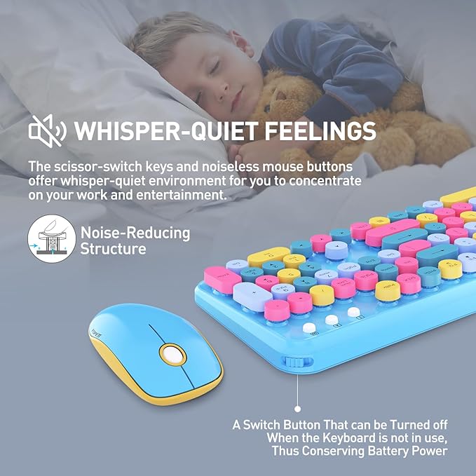 FOPETT Wireless Keyboard and Mouse Combo 105 Keys Full-Sized 2.4 GHz Round Keycap Colorful Keyboards USB Receiver Plug and Play for Windows Mac PC Laptop Desktop (Blue Colorful)