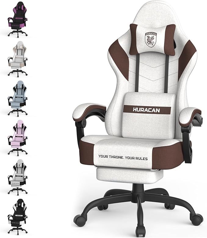 Ferghana Cotton Fabric Gaming Chair with Wider Seat Cushion Shield-Shaped Embroidery Ergonomic High Back Game Chair with Footrest Computer Chair with Massage Lumbar Support for Adult Brown