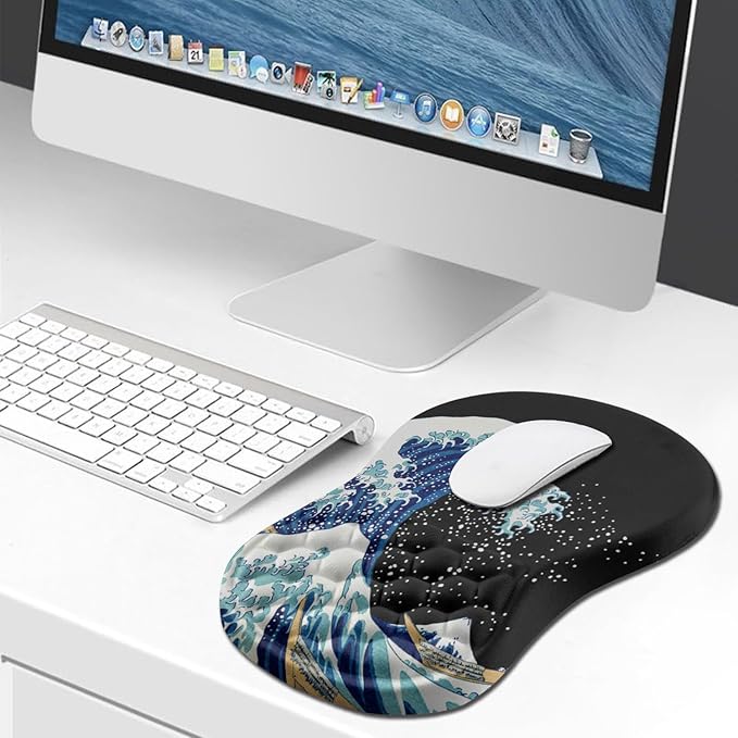 Hokafenle Ergonomic Mouse Pad Wrist Support Wrist Rest Mousepad for Carpal Tunnel Pain Relief with Integrated Memory Foam Slope Massage Bulge (11.8x7.9 inchSea Wave