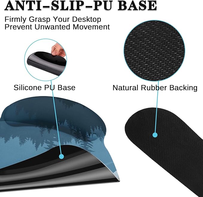Arttown Mountains Wood Pine Desk Mat Blue Painting Mouse Pad Set with Wrist Support 4-in-1 Large Mousepad+Keyboard Wrist Rest+Mouse Wrist Rest+Coaster with Ergonomic Design Non-Slip Mat
