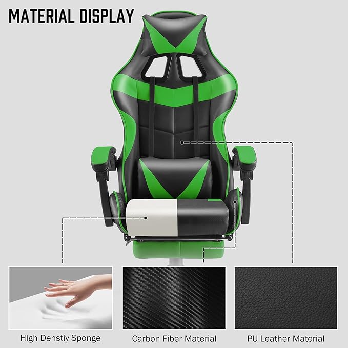 Huracan Gaming Computer Chair with Footrest Adjustable Video Game Chairs for Adults Heavy Duty Office Chair with Headrest and Lumbar Support Green