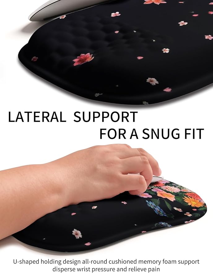 Hokafenle Ergonomic Wrist-Hugging Mouse Pad Wrist Support U-Shaped Holding Wrist Rest Mousepad for Carpal Tunnel Pain Relief with Cushioned Memory Foam Slope Massage Bulge (10.2x8.3 inFall Flower)