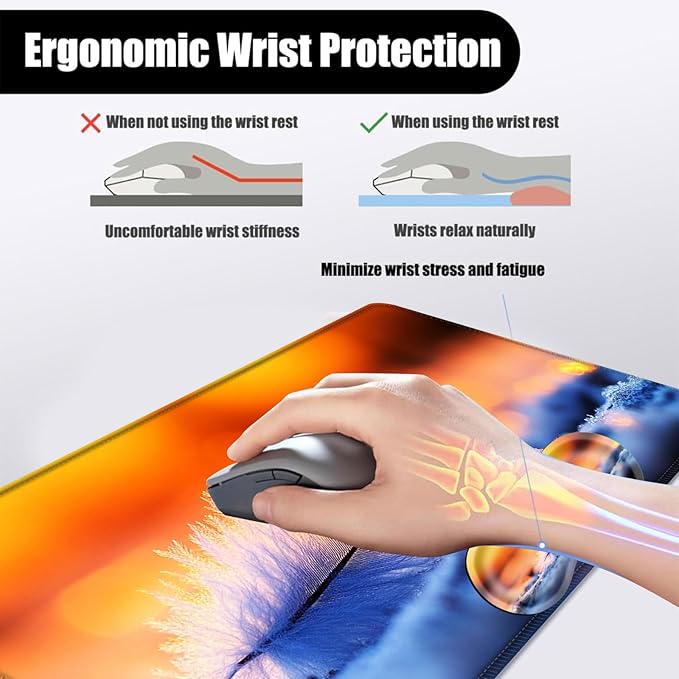 Mouse PadLarge Desk Mat Set 4in1 XL Mousepad + Keyboard Wrist Rest+Mouse Wrist Rest+Coaster with Ergonomic Desk Pad for Home Office Table Computer Cover -Feather at Sunrise