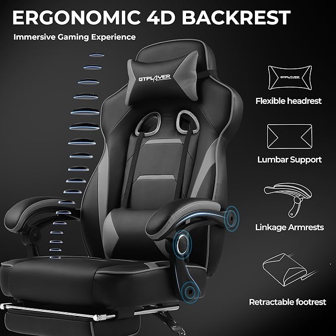 GTPLAYER Gaming Chair with Footrest Big and Tall Game Chair 350lb Racing Style Computer Chair Ergonomic Executive High Back with Lumbar Support and Recliner Sky Gray