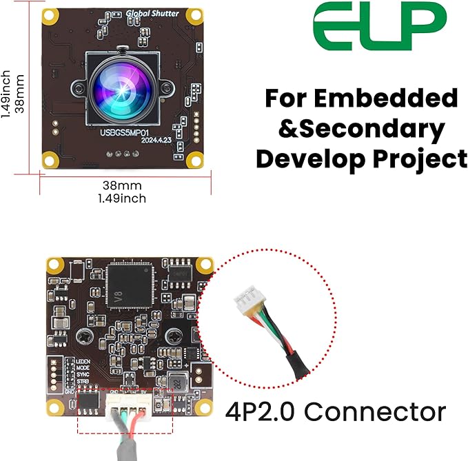 ELP 5MP Global Shutter 50fps USB Camera Module for Computer UVC USB2.0 Lightburn Cam for Laser Engraver High Speed 60fps PC Camera Wide Angle Webcamera for Live Streaming (100°Low Distortion Lens)