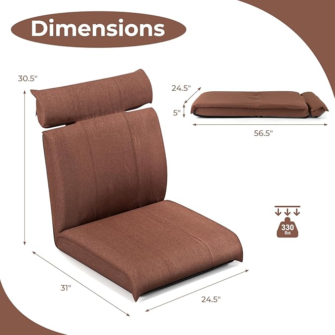 Giantex Floor Chair Floor Gaming Chair with Back Support 14-Poistion Adjustable Backrest 5-Position Adjustable Headrest Load 330 Lbs Lazy Sofa Couch Recliner for TV Reading Meditation (Brown)
