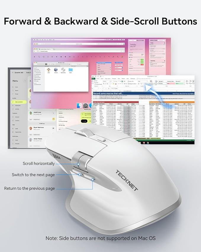 TECKNET Wireless Mouse Bluetooth Mouse (BT5.3/5.0 &amp 2.4G) Rechargeable Ergonomic Optical Mouse with 6 Adjustable DPI Side Scroll Quiet Clicks USB A Receiver 7 Buttons Wide Compatibility - Wh