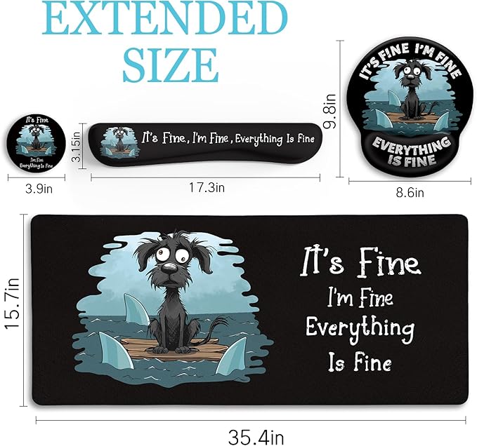 Funny Dog Mouse Pad Set Large Desk Mat With Wrist Rest for Gaming Ergonomic Mousepad Keyboard Mat Cup Coaster Set Office Accessories - It's Fine