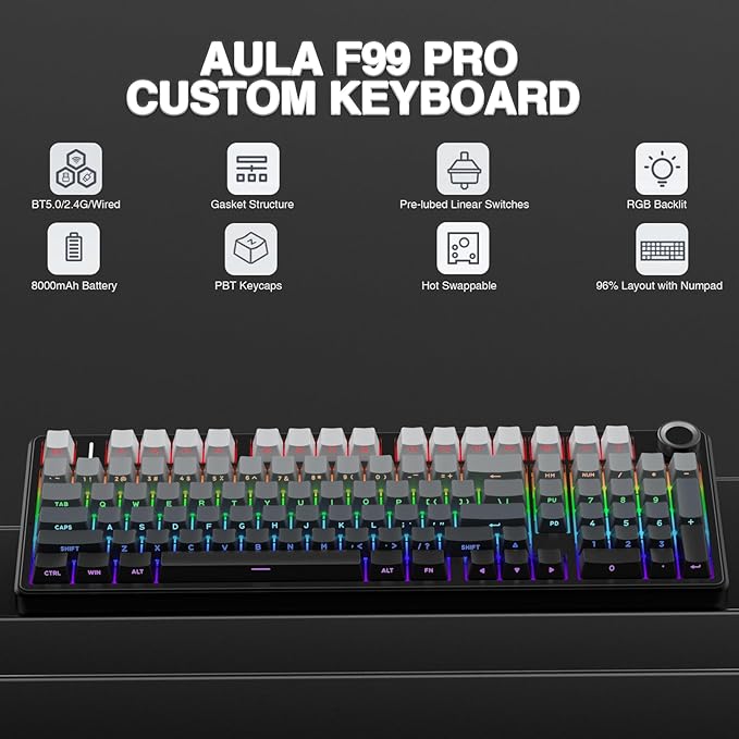 AULA F99 Pro Wireless Mechanical Keyboard with KnobGasket StructureTri-Mode BT5.0/USB-C/2.4GHz Hot Swappable KeyboardCreamy SoundRGB Backlit PBT Keycaps Computer Gaming Keyboards