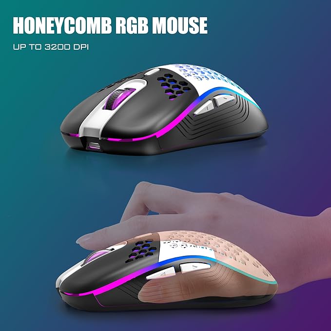 RedThunder K84 Wireless Keyboard and Mouse Combo LED Rainbow Backlit Rechargeable Battery 75% Layout TKL Ultra Compact Gaming Keyboard &amp Lightweight 3200 DPI Honeycomb Optical Mouse (White-Black