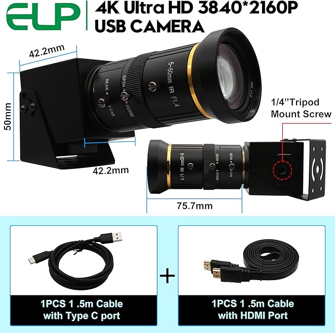 ELP 4K 60fps USB3.0 Webcam - HDMI &amp USB Output Dual Display Manual Zoom 10x Zoom High Speed H.264 5-50mm Lens