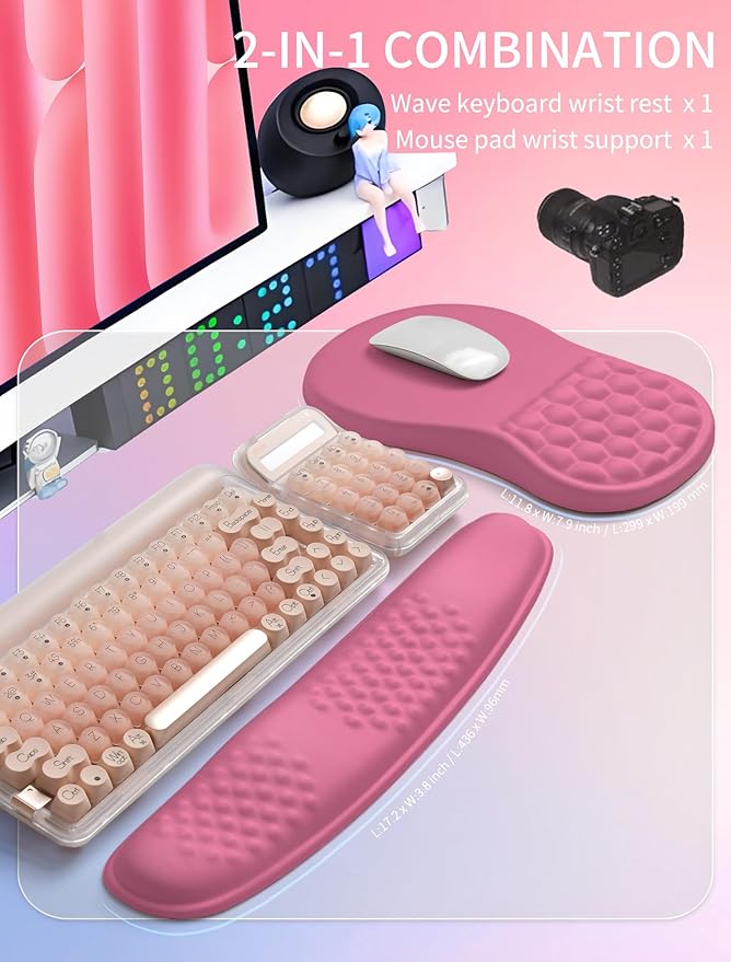 Hokafenle 2in1 Combination Wave Keyboard Wrist Rest and Ergonomic Curvature Mouse Pad Wrist Support for Relieve Wrist Pain Filled with Soft Cushion Memory Foam Tough Guy Pink