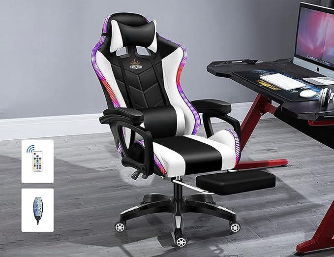 RGB Gaming Chair with Massage and Footrest Ergonomic Pro Computer Chair with LED Lights and Speakers High Back Music Video Chair with Lumbar Support and Headrest for Adult Teens. (Black + White)