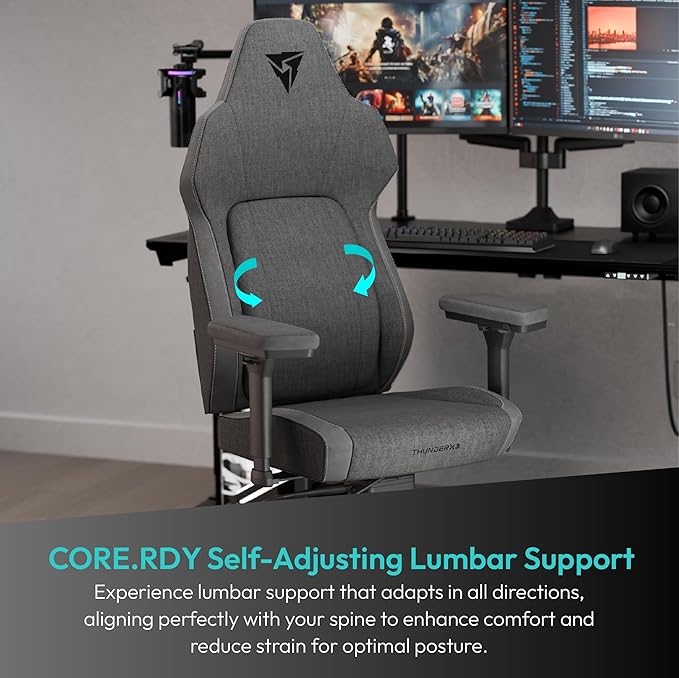 ThunderX3 CORE Smart LOFT Gaming Chair Dark Grey – Ergonomic Office Chair Automatic Lumbar Support Synchronised Mechanism 3D Armrests Fabric Cover for Users up to 125kg 155-190cm