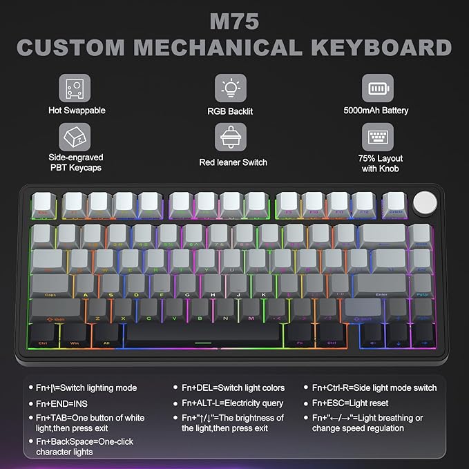 CC MALL M75 Mechanical Keyboard75% Gasket Hot SwappableRGB BacklitSide Printed PBT Keycaps2.4Ghz/Bluetooth/USB-C Gaming Keyboards (White and Black)