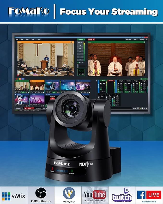 FoMaKo NDI PTZ Camera Bundle AI Auto-Tracking Gen 3 (NDI 6 &amp NDI HX3 Certified) 20X Optical Zoom PoE HDMI PTZ Camera for Church Worship NDI PTZ Controller (NDI PTZ Bundle KN20A +KC608) BN201