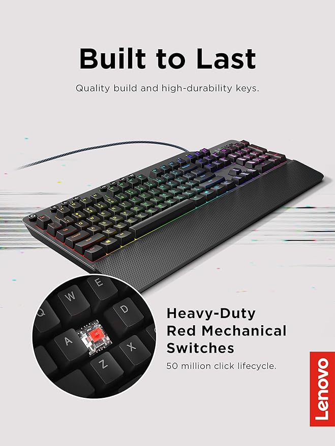Lenovo GY40T26478 Legion K500 RGB Mechanical Gaming Keyboard 3 ZONE Full-size Keyboard 7 user Programmable Hot Keys 16.8 Million Colors 50 Million-Click Red Mechanical Keys Detachable Palm Rest