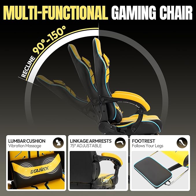 Dowinx Gaming Chair Big and Tall 350LBS Heavy Duty PC Gaming Chair with Massage &amp Footrest Ergonomic Reclining Gamer Chair with Embroidered Esports Design Yellow