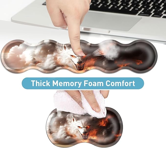 Keyboard Mouse Pad Set Extended Gaming Mouse Pad+Ergonomics Keyboard Wrist Rest Support Memory Foam Easy Typing Pain Relief 4Pcs XL Ultra Thick Desk MatFlaming White Wolf Art