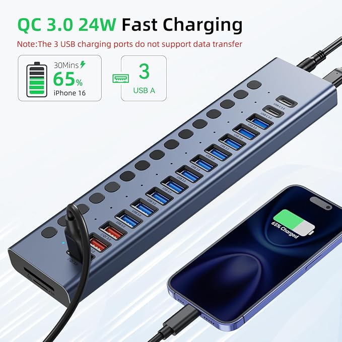 Powered USB Hub 10Gbps 17 Ports 96W USB 3.2 Hub(10 USB-A 3.2 Ports+3 QC 24W Fast Charging Ports+2 USB-C 3.2 Ports+SD/TF Card Reader) 12V/8A Power Adapter for Laptop PC Computer HDDFlash Drive
