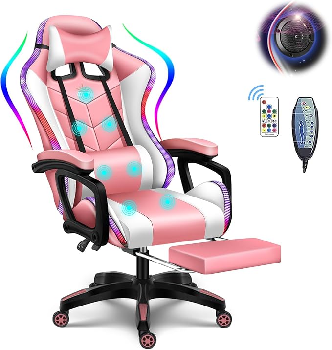 XOOFMASS Massage Gaming Chair with Speakers RGB Lights LED Music Video Game Chair Ergonomic PU Leather High Back Computer Chair Reclining Chair with Retractable FootrestPink
