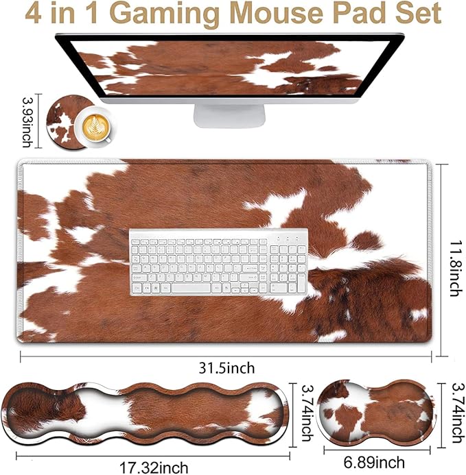 Large Mouse Pad and Gel Mouse Wrist Rest+ Memory Foam Keyboard Wrist Rest Support Set Non-Slip Rubber Base for OfficeHomeComputerExtended Gaming Mousepads XXL Animal Skin Brown Cowhide Desk Mat