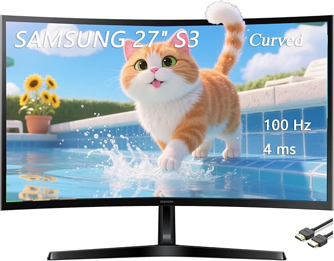 Samsung 27 Essential S3 Series LED Curved Monitor FHD 1800R Game Mode Dual Ports Eye Comfort 100Hz Black with GSF HDMI Cable