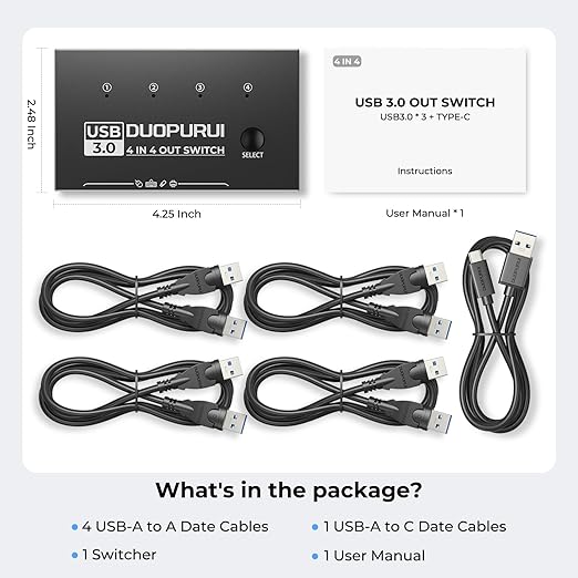 USB 3.0 Switch 4 Computers Sharing USB C &amp A DevicesEasy One-Click Device Switching with USB-C Cable &amp USB-A CableUSB Switch Hub Share Keyboard Mouse Printer Scanner(USB3.0 4in4out)