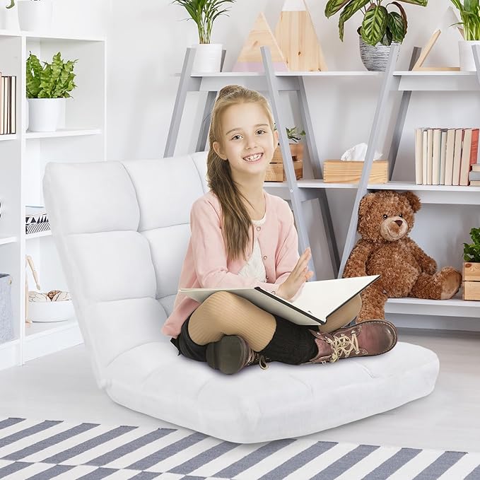ARLIME Adjustable Floor Chair 14-Position Lazy Sofa Chair with Back Support &amp Thick Padding Portable Foldable Floor Couch for Adults Kids Use in Bedroom Living Room Home Theater (White)