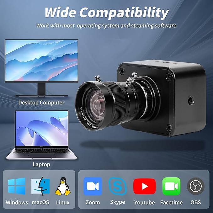 MOKOSE USB Camera 4KUSB3.0 Manual Focus Webcam with 5-12mm Varifocal Lens IMX678 1/1.8 8MP Sensor Support YUY2Web Camera for Desktop Computer Laptop