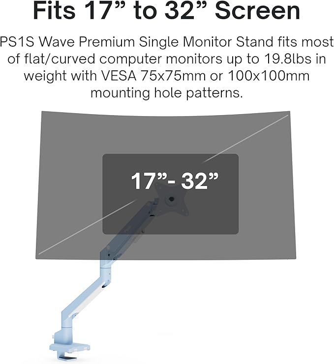 Pixio PXC248WAVE Blue 24 inch 200Hz Refresh Rate FHD 1080p Resolution 1500R Curve Fast VA Panel 1ms GTG Response Time HDR Curved Gaming Monitor and PS1S Wave Blue Single Monitor Arm - Fits up to 32 in