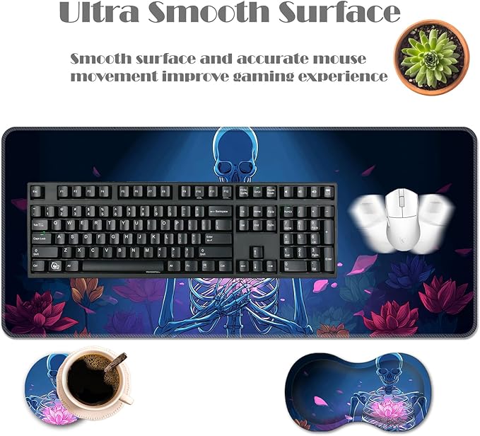 Ergonomic Keyboard Wrist Rest &amp Mouse Pad Wrist Rest SetXL Gaming Desk Mat 31.5x 11.8Non-Slip BaseMemory FoamEasy Typing Pain Relief for Office &amp HomeSkeleton with Glowing Lotus