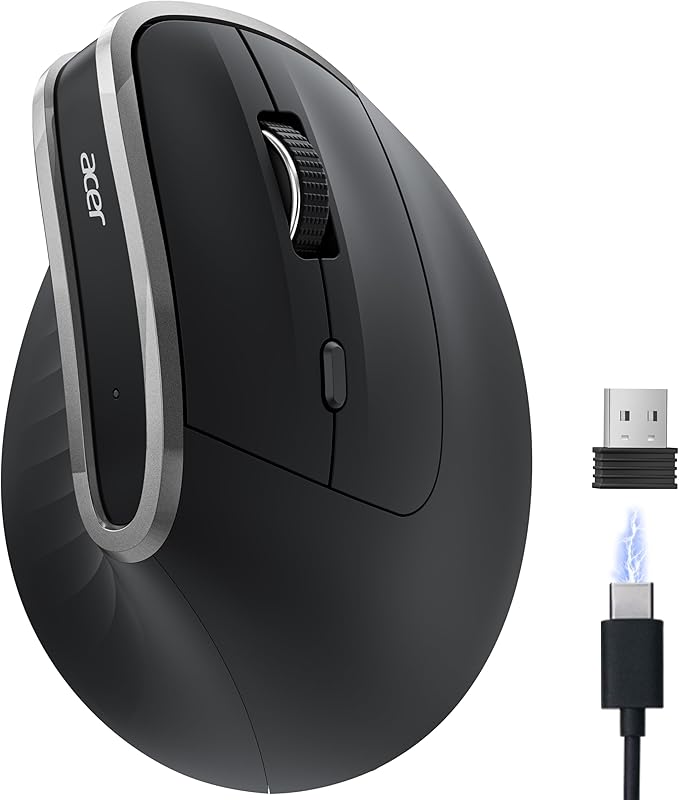 acer Ergonomic Mouse Wireless Vertical Computer Mouse for Office Ergo Mice Rechargeable for Medium to Large Sized Hands 2.4GHz USB Receiver 800/1200/1600 DPI 6 Buttons for Laptop PC and Desktop