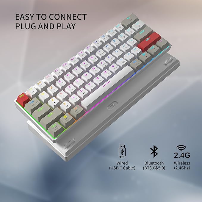 Newmen GM610 60% Wireless Mechanical KeyboardWired/Bluetooth/2.4G RGB Backlit61 Anti-Ghosting KeysProgrammableHot-Swappable Gaming Keyboardfor PC Windows Mac Laptop Computer(Linear Red Switch)