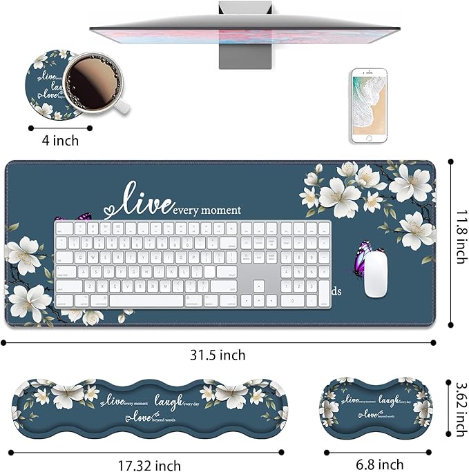 4 in 1 Ergonomic Keyboard Wrist Rest &amp Mouse Pad Wrist Rest Set Large XXL Gaming Desk Mat 31.5x 11.8 with Non-Slip Base Memory Foam for Home Office Study Gaming Floral Quote Live Laugh Love
