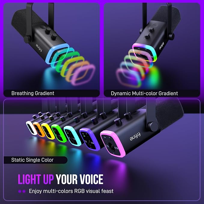 FIFINE XLR/USB Gaming Microphone with Desktop Mic Stand Kit Streaming Dynamic Microphone with RGB Gain Knob Headphone Jack Adjustable Table Mic Stand for Recording Podcast Voice-Over-AM8+BS1