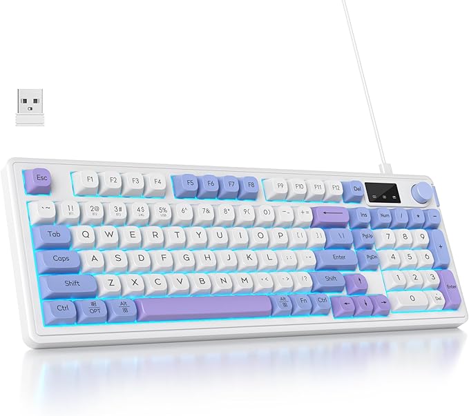 Owpkeenthy 96% Membrane Keyboard Wireless 100% Quiet Mechanical Feeling Gaming Keyboard Gasket RGB Keyboard with Knob &amp Number Pad Triple Mode Bluetooth 5.0/2.4G/Wired for Laptop Desktop(98 Blue)