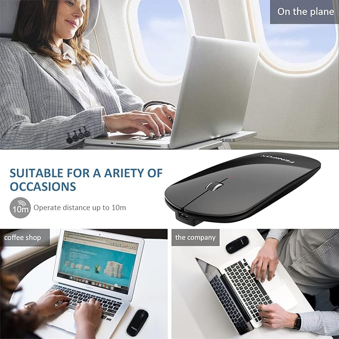FENIFOX Wireless Bluetooth Mouse Ultra-Thin Flat and Slim Silent USB-C Rechargeable Travel Mini Portable Mouse for Mac iPad Laptop MacBook Tablet Chromebook - Black