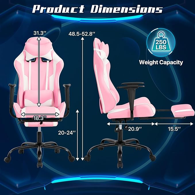 Ergonomic Gaming Chair with Footrest High Back PU Leather Office Desk Chair for Adults Teens Rolling Swivel Computer Chair (Pink)
