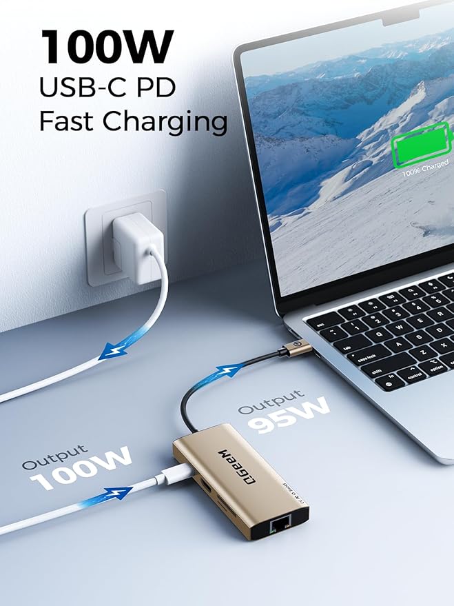 QGeeM USB C Hub Ethernet9 in 1 USB Type C Hub HDMI Multi-Port Converter Adapter100W Pd USB 3.0SD/TF Card ReaderCompatible for MacBook Pro Air Ipad HP Dell Lenovo Chromebook etc.-Brown
